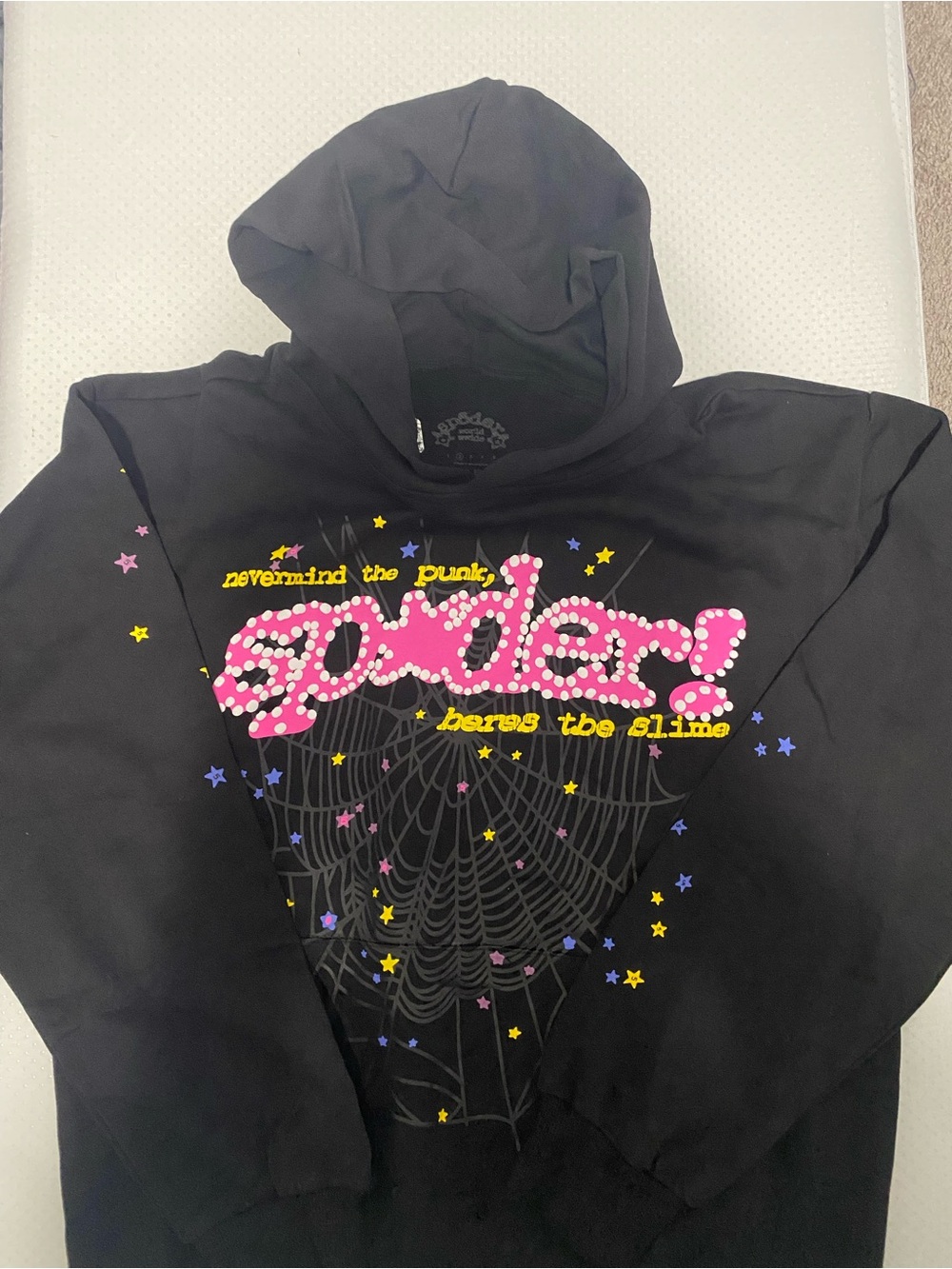 Black Graphic Hoodie with Pink 'Spider' Logo